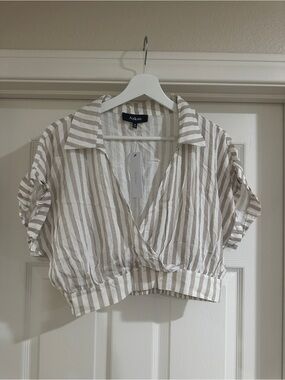 Aakaa White and Beige Striped Cropped Wrap Blouse